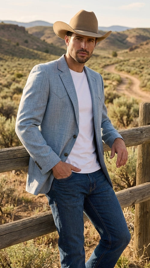 Mens Light Blue Western Blazer β Classic Cowboy Sport Coat with Western Yoke Design