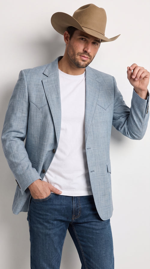 Mens Light Blue Western Blazer β Classic Cowboy Sport Coat with Western Yoke Design