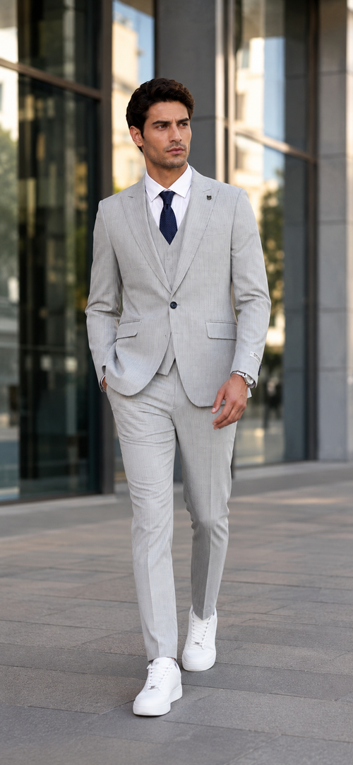 Mens Light Gray and Black Pinstripe 3 Piece Suit β Peaky Blinders Inspired Vintage Gangster 1920s Suit