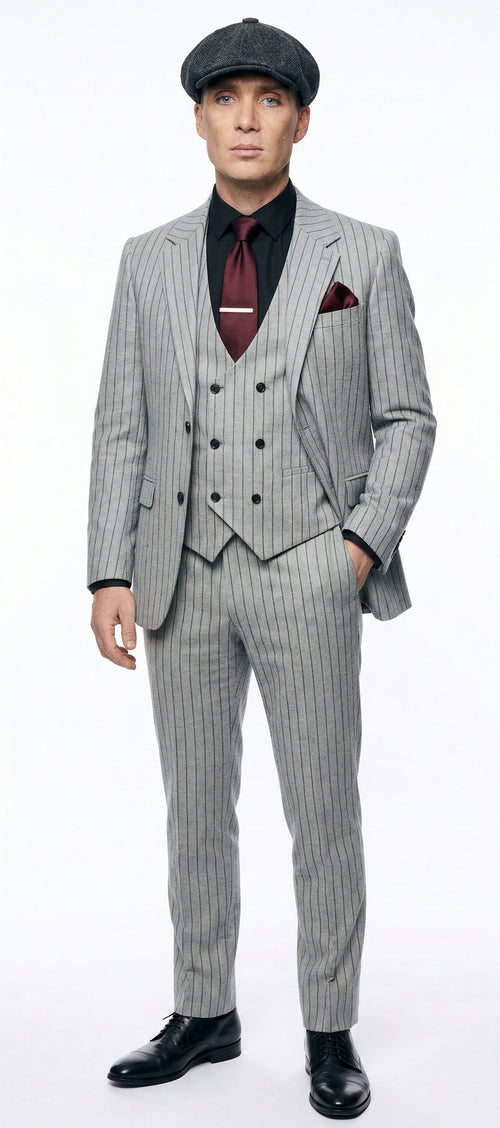 Mens Light Gray and Black Pinstripe 3 Piece Suit – Peaky Blinders Inspired Vintage Gangster 1920s Suit