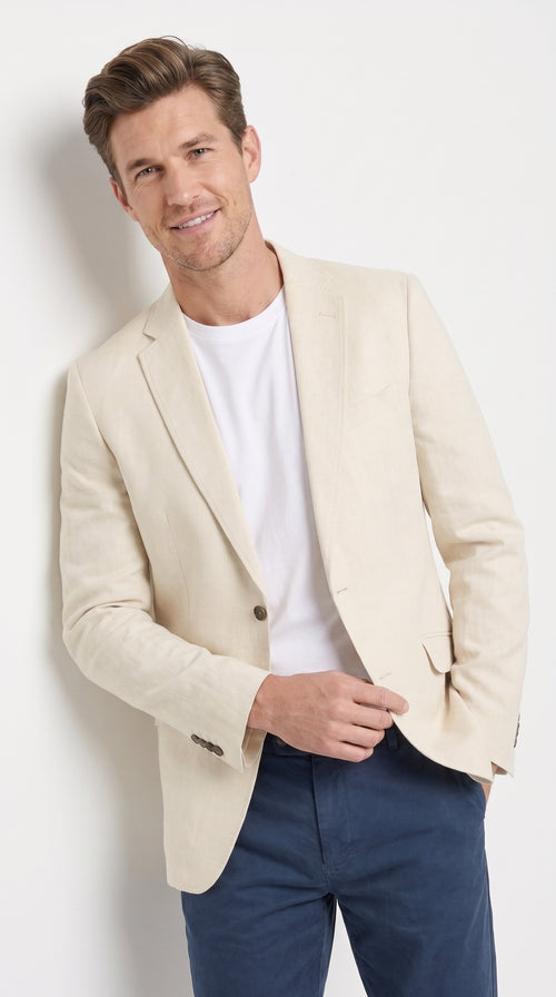Men's Light Tan Sport Coat β Two-Button Classic Blazer for Business, Wedding & Casual Wear Cream Ivory Linen Fabric