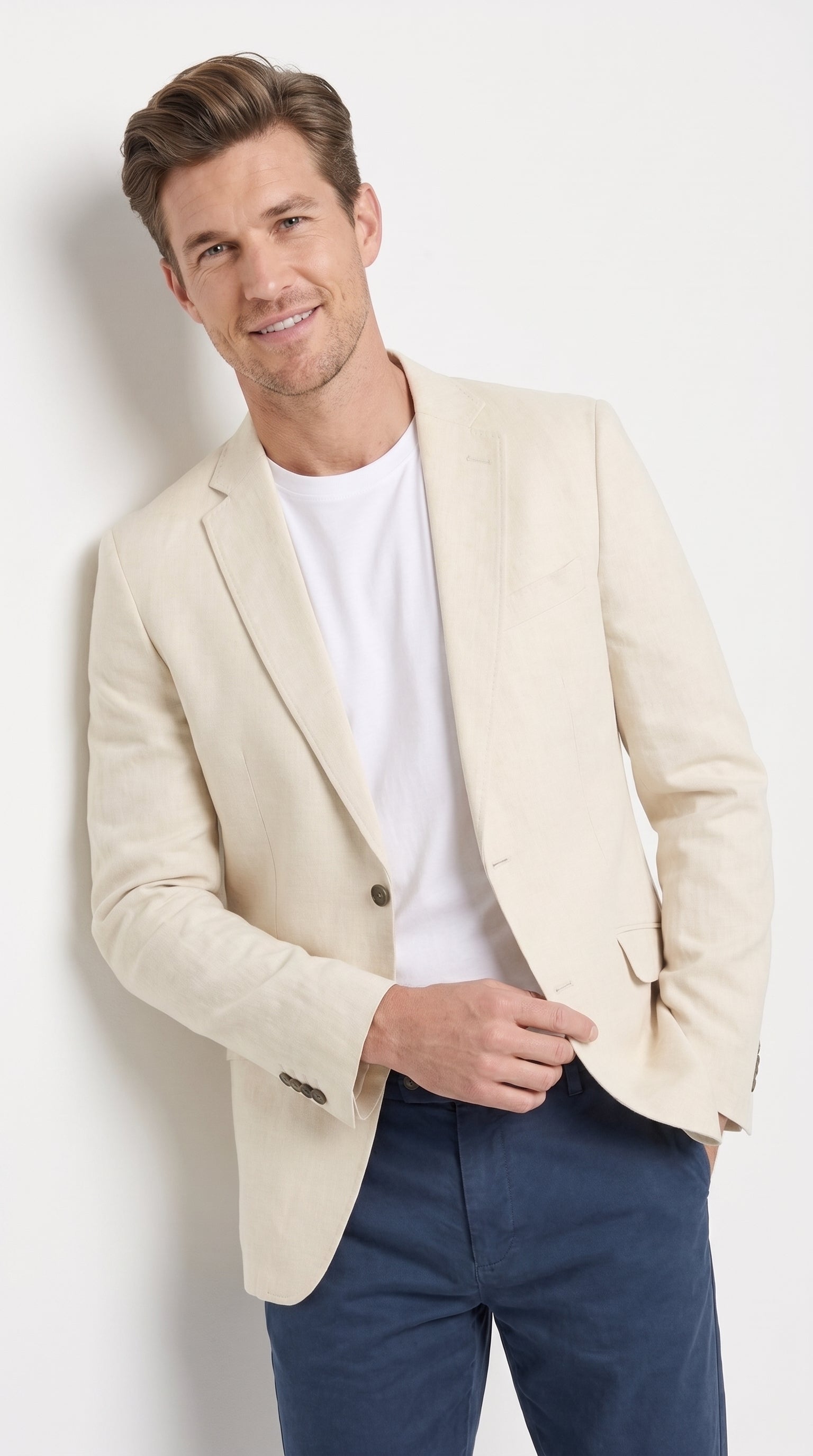 Men's Light Tan Sport Coat β Two-Button Classic Blazer for Business, Wedding & Casual Wear Cream Ivory Linen Fabric