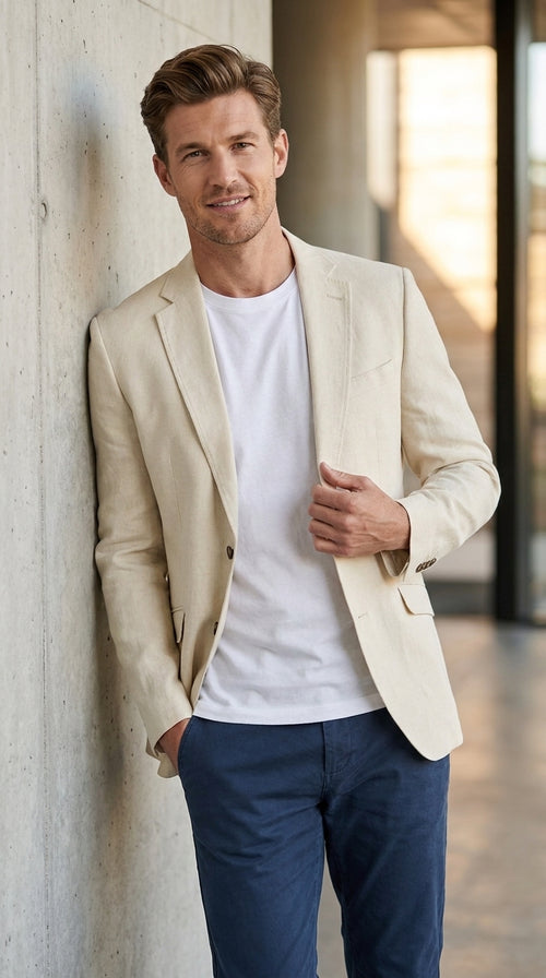 Men's Light Tan Sport Coat β Two-Button Classic Blazer for Business, Wedding & Casual Wear Cream Ivory Linen Fabric