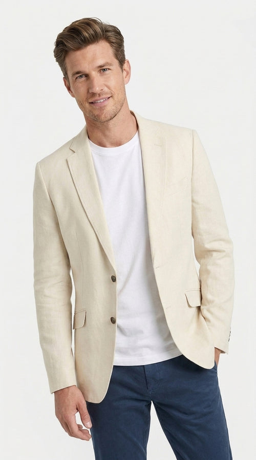 Men's Light Tan Sport Coat β Two-Button Classic Blazer for Business, Wedding & Casual Wear Cream Ivory Linen Fabric