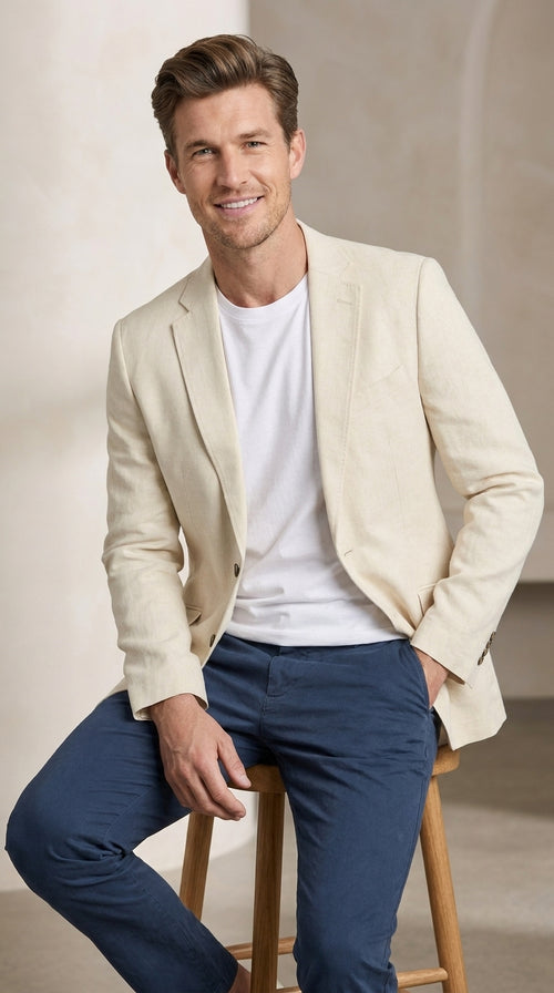 Men's Light Tan Sport Coat β Two-Button Classic Blazer for Business, Wedding & Casual Wear Cream Ivory Linen Fabric