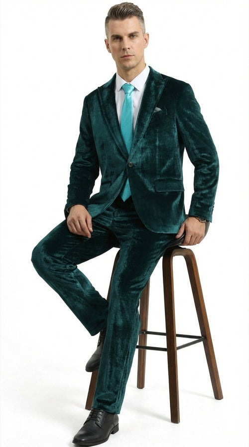 Mens Emerald Green Teal Blue Velvet Suit – Luxury Two Piece Formal Evening Suit