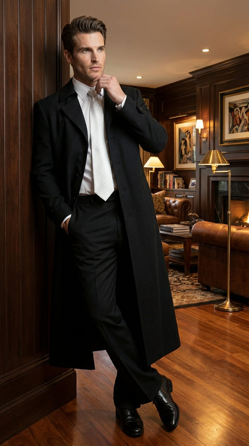 Men's Maxi Black Full Length Zoot Suit – Vintage Gangster Style Long Coat Formal Suit