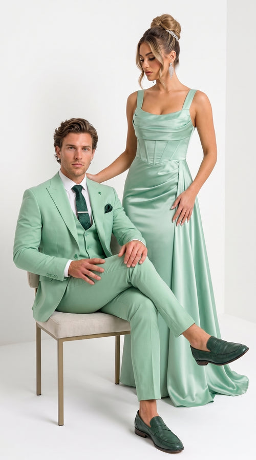 Mens Mint Green 3-Piece Suit β Slim Fit Wedding, Prom & Formal Suit with Matching Vest By Derman