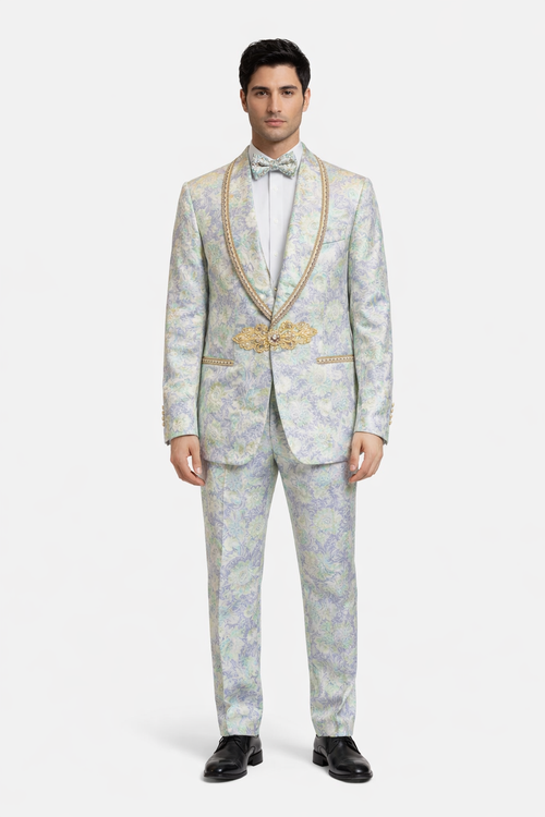 Men's Mint Green - Sage and Gold Trim Collar Floral Brocade Blazer with Gold Embellishments Prom Suit