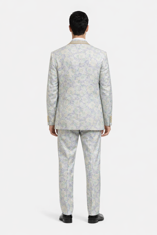 Men's Mint Green - Sage and Gold Trim Collar Floral Brocade Blazer with Gold Embellishments Prom Suit