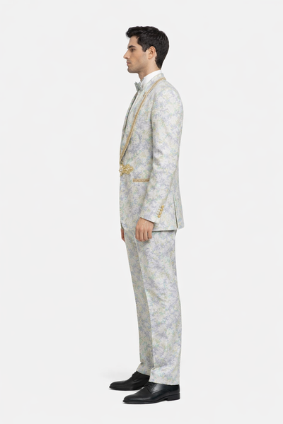 Men's Mint Green - Sage and Gold Trim Collar Floral Brocade Blazer with Gold Embellishments Prom Suit