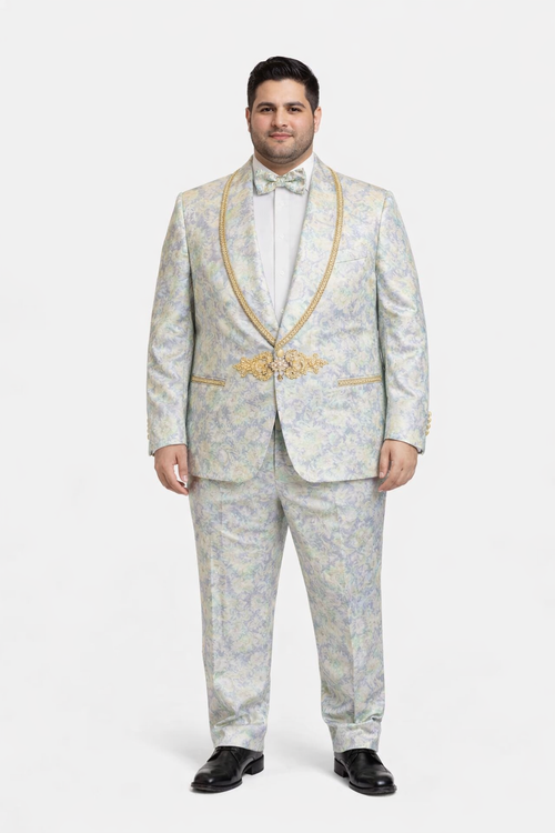 Men's Mint Green - Sage and Gold Trim Collar Floral Brocade Blazer with Gold Embellishments Prom Suit