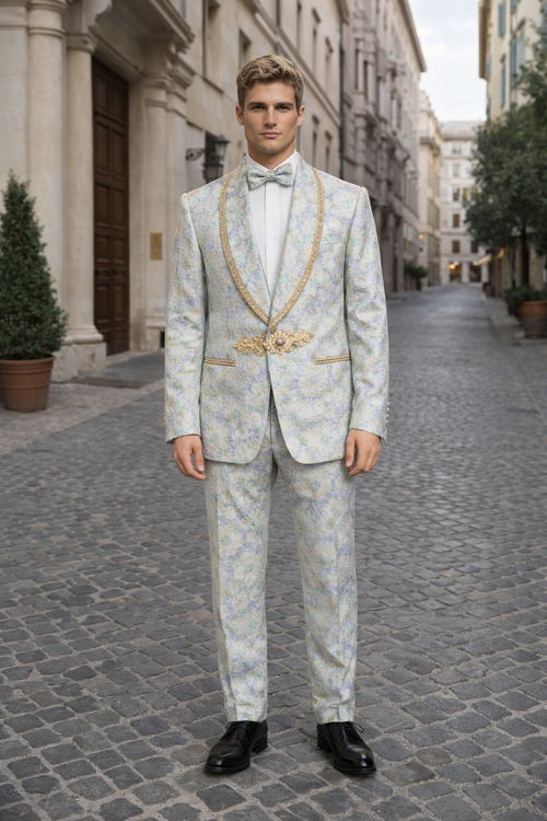 Men's Mint Green - Sage and Gold Trim Collar Floral Brocade Blazer with Gold Embellishments Prom Suit