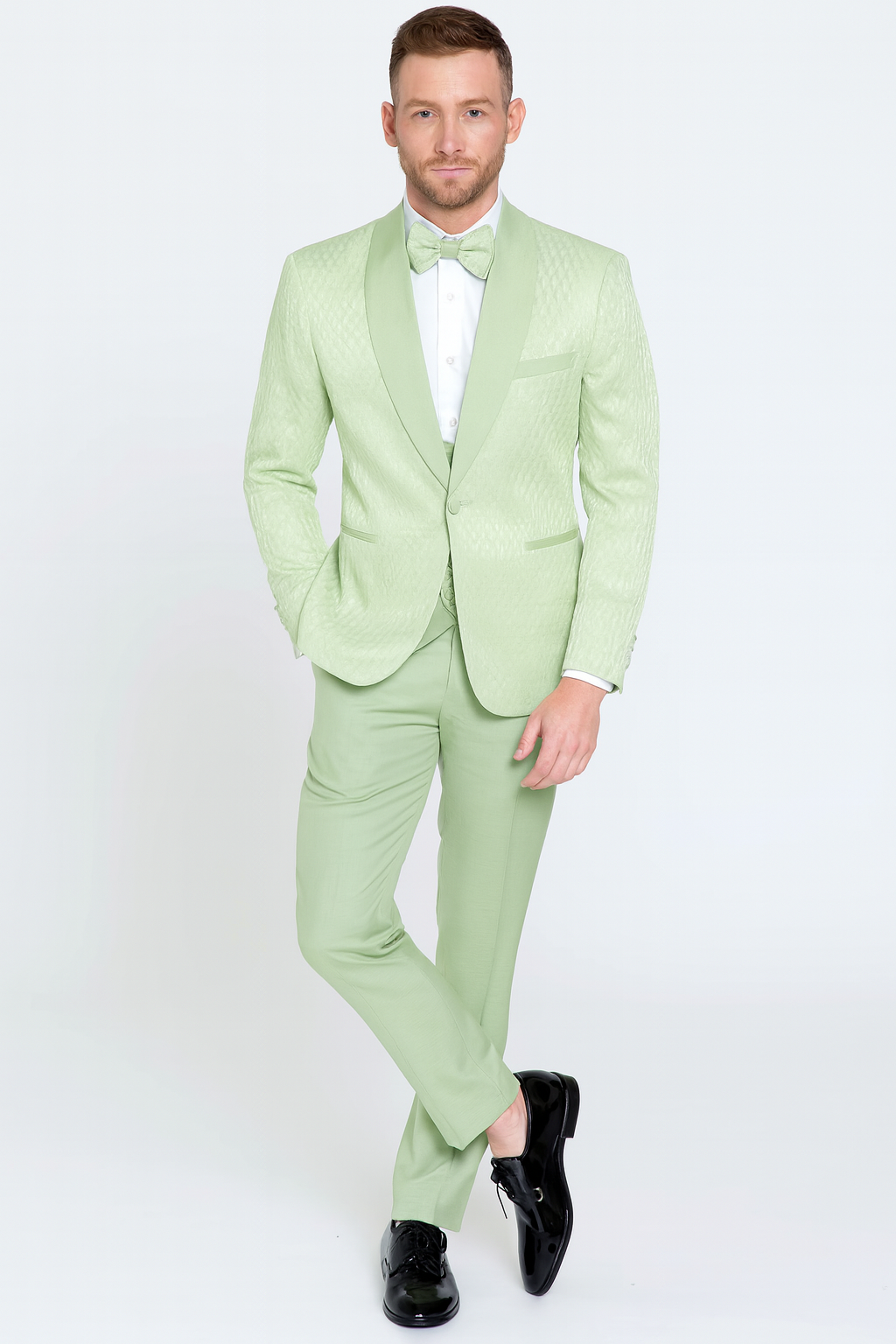 Men’s Mint Green Tuxedo Suit – Slim Fit Shawl Lapel with Matching Bow Tie in Sage Green Color - Light Green