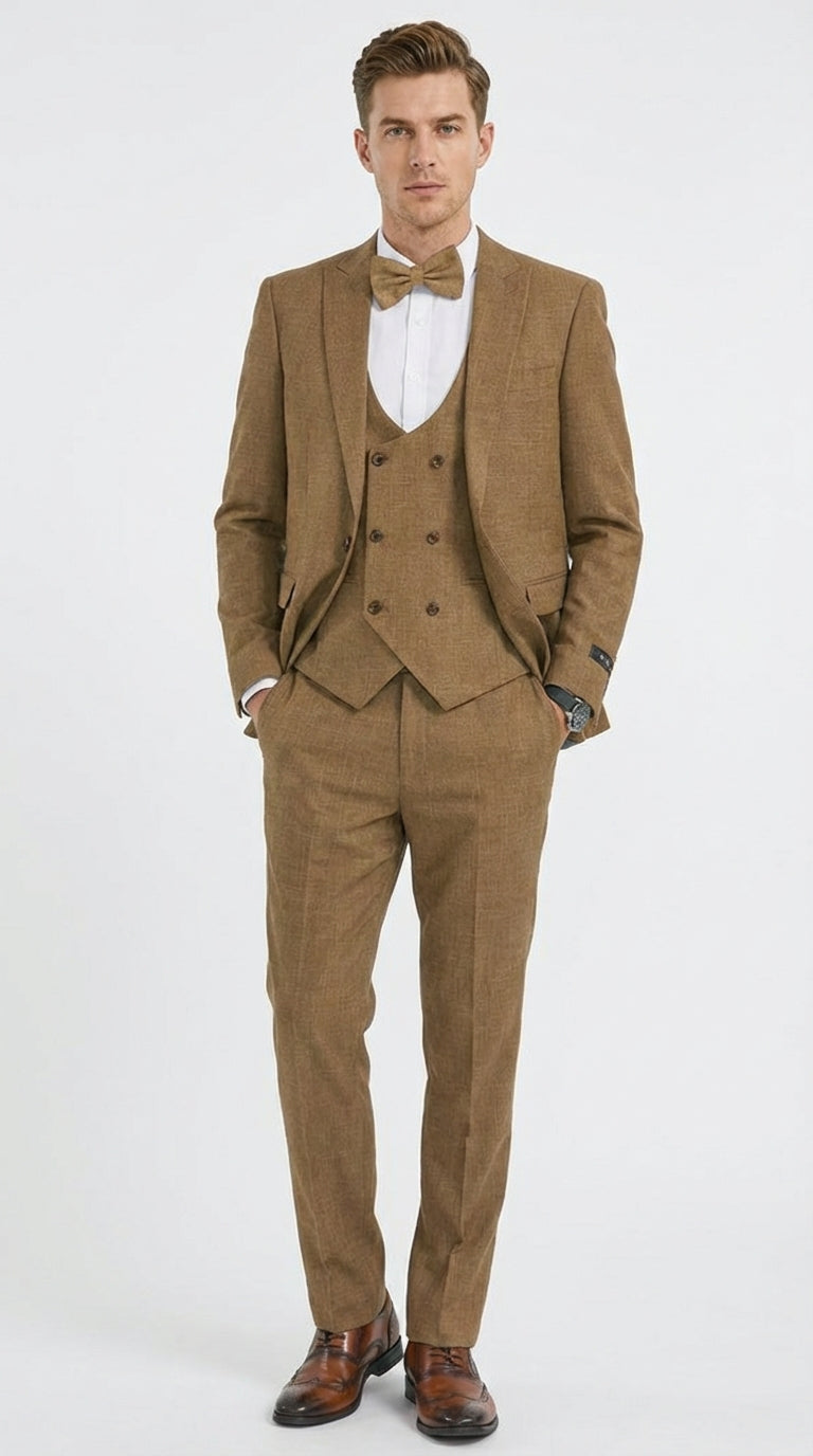 Mens Mocca Brown Taupe textured 1920s Great Gatsby Inspired Suit – Vintage Three Piece Retro Formal Suit Peak Lapel – SuitUSA