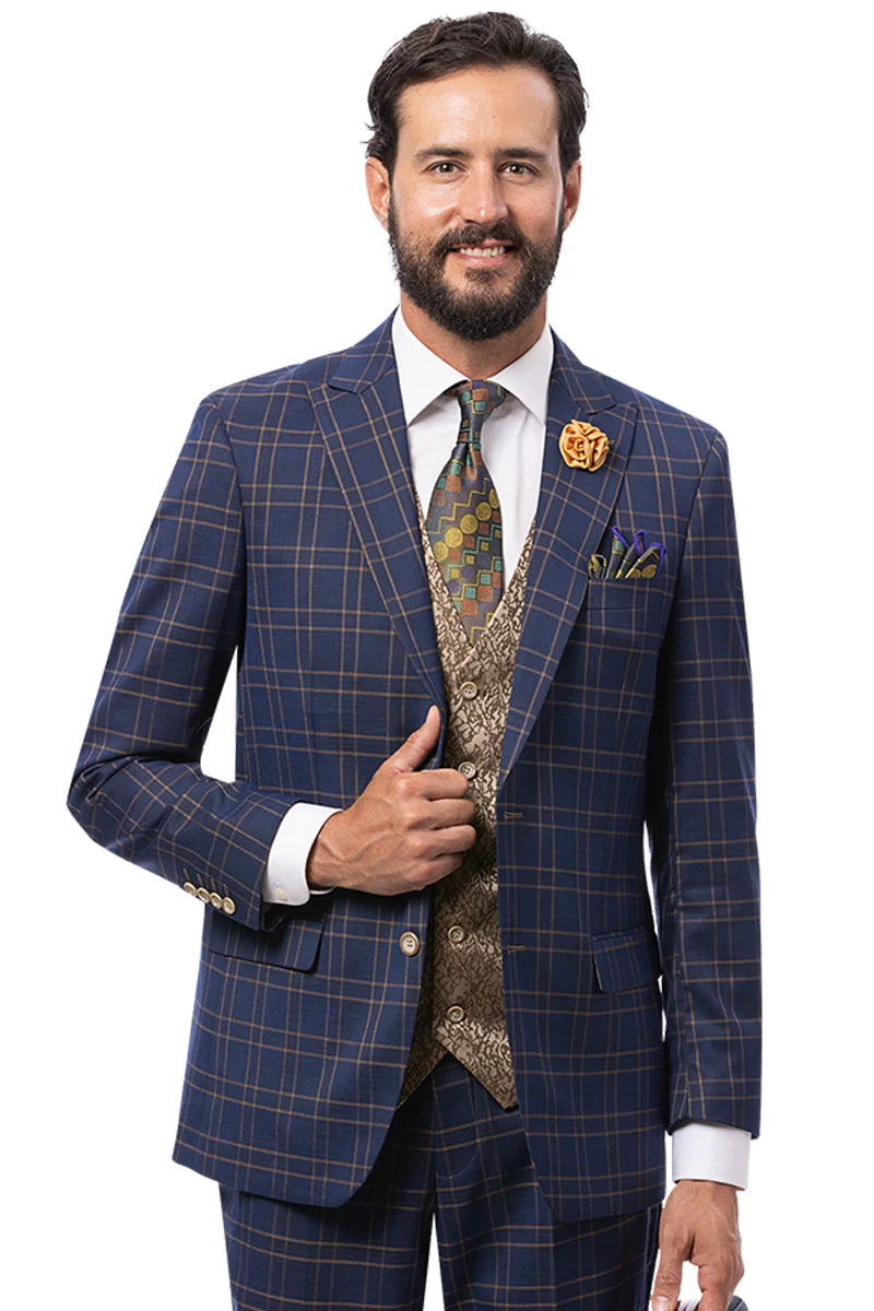 Marc Darcy Wedding Suits Men's Modern Fit Double Windowpane Plaid Suit with Paisley Vest in Navy Blue – SuitUSA