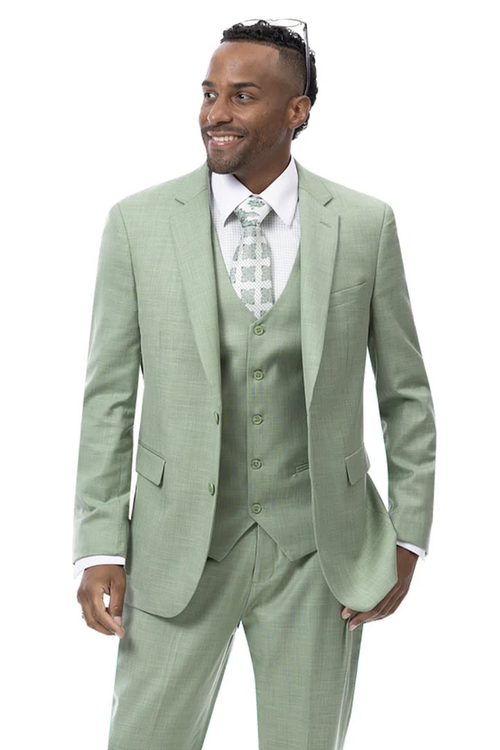 EJ Samuel Mens Modern Fit Sharkskin Vested Suit in Moss Green