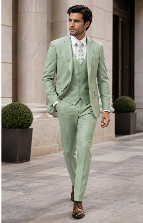 EJ Samuel Mens Modern Fit Sharkskin Vested Suit in Moss Green