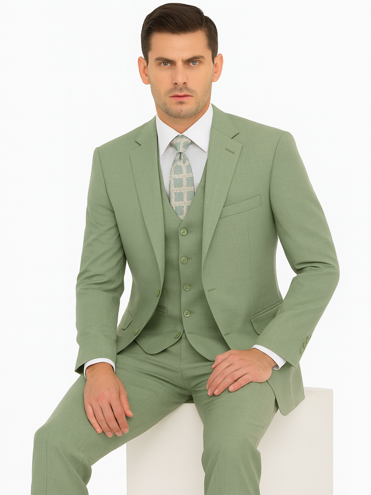 Mens Modern Fit Two Button Vested Sharkskin Green Business Suit