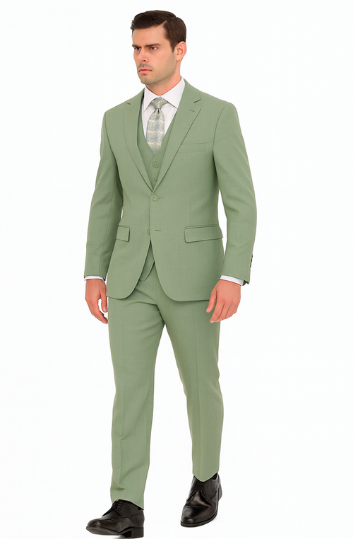 Mens Modern Fit Two Button Vested Sharkskin Green Business Suit