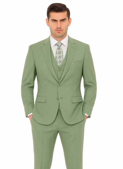 Mens Modern Fit Two Button Vested Sharkskin Green Business Suit