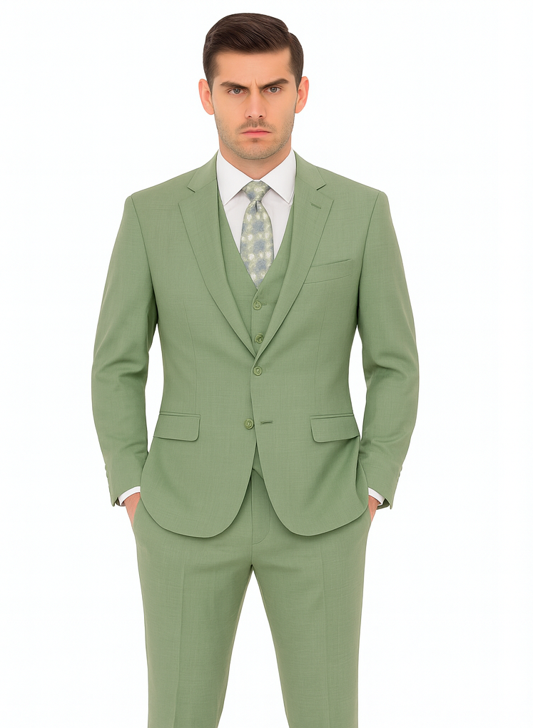 Mens Modern Fit Two Button Vested Sharkskin Green Business Suit
