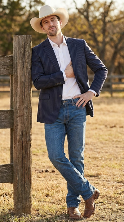 Mens Navy Blue Pinstripe Western Blazer – Classic Cowboy Style Jacket for Business, Formal and Smart Casual Wear
