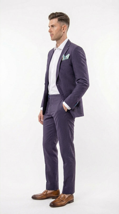 Mens Navy Blue Seersucker Suit – Cotton Fabric Shadow Pattern Ton on Tone Textured Two Button Notch Lapel Formal Summer Suit