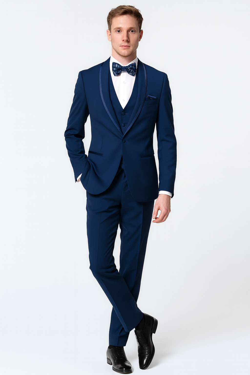 Men’s Navy Blue with Blue Trim Three-Piece Tuxedo with Satin Shawl Lapel and Bow Tie Wedding Suit – SuitUSA