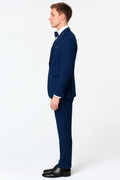 Men’s Navy Blue with Blue Trim Three-Piece Tuxedo with Satin Shawl Lapel and Bow Tie Wedding Suit by USA Men's Outlet