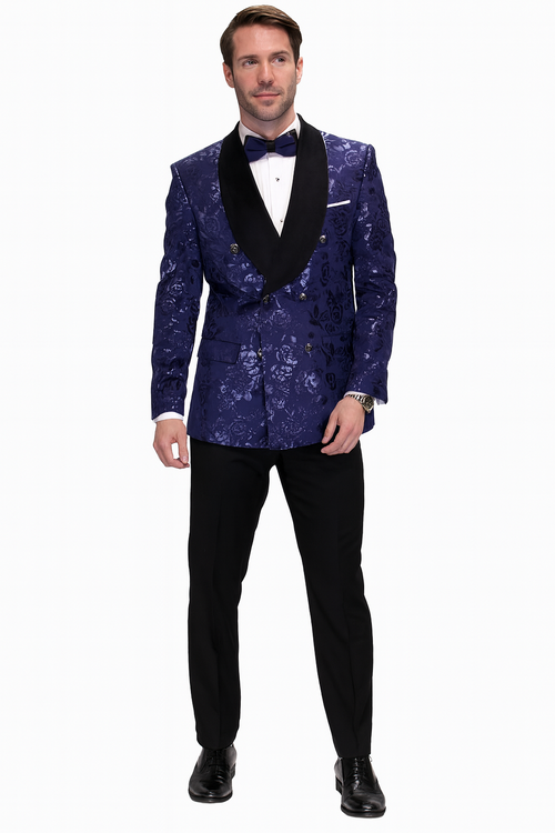 Men’s Navy Floral Jacquard Tuxedo Jacket - Double Breasted Blazer with Black Shawl Lapel by USA Men's Outlet