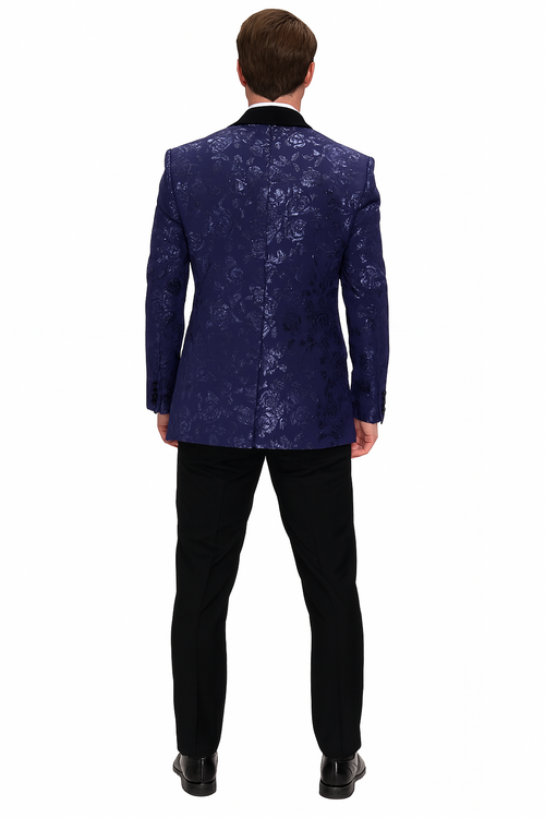 Men’s Navy Floral Jacquard Tuxedo Jacket - Double Breasted Blazer with Black Shawl Lapel by USA Men's Outlet