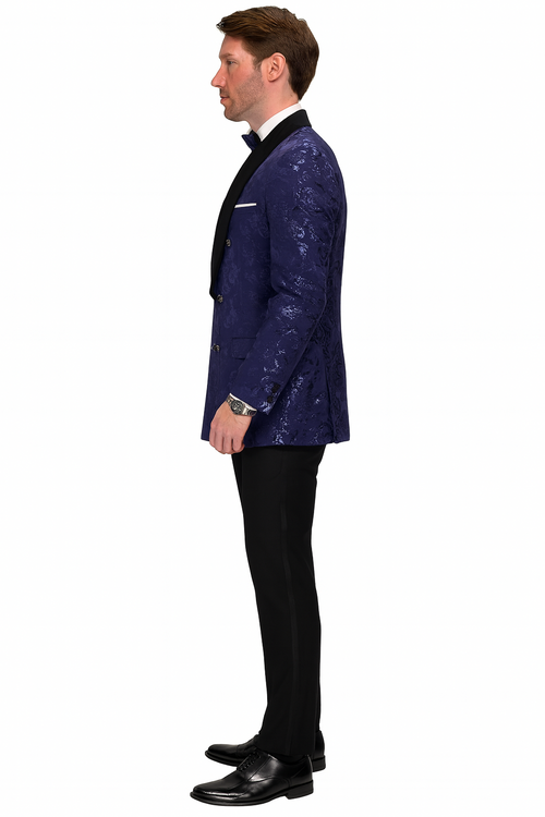 Men’s Navy Floral Jacquard Tuxedo Jacket - Double Breasted Blazer with Black Shawl Lapel by USA Men's Outlet