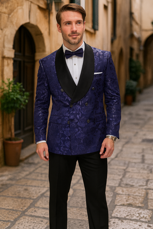 Men’s Navy Floral Jacquard Tuxedo Jacket - Double Breasted Blazer with Black Shawl Lapel by USA Men's Outlet