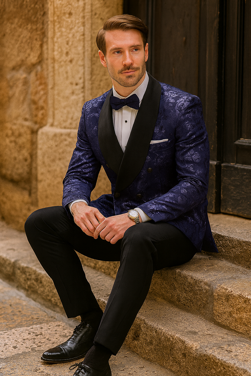 Men’s Navy Floral Jacquard Tuxedo Jacket - Double Breasted Blazer with Black Shawl Lapel by USA Men's Outlet