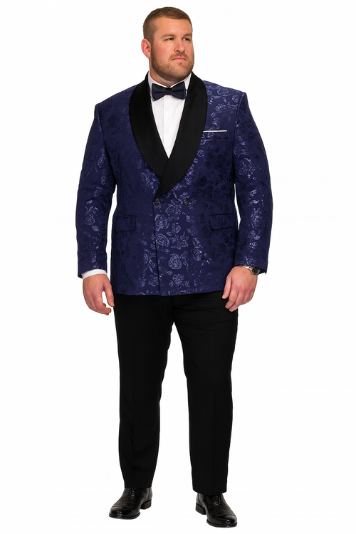 Men’s Navy Floral Jacquard Tuxedo Jacket - Double Breasted Blazer with Black Shawl Lapel by USA Men's Outlet