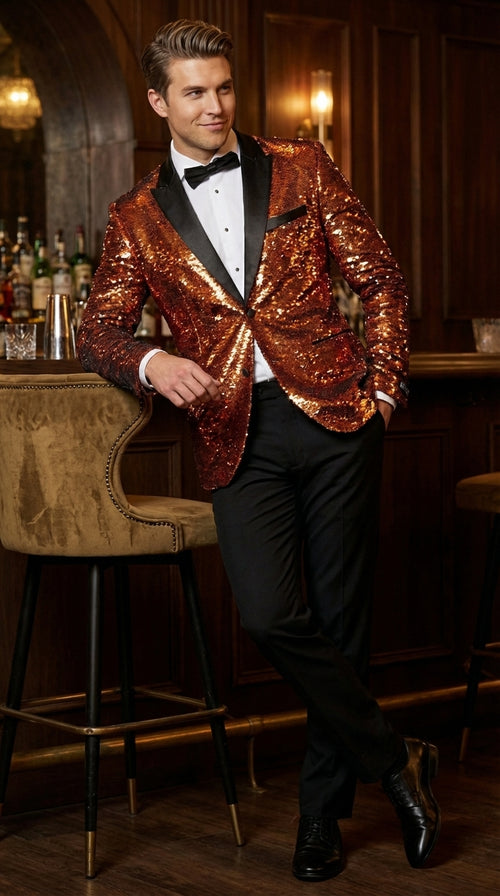 Mens Orange Sequin Blazer Tuxedo Dinner Jacket β Shiny Party Dinner Jacket with Black Lapel for Wedding, Prom, Stage Kingsman Jacket