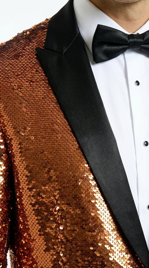Mens Orange Sequin Blazer Tuxedo Dinner Jacket β Shiny Party Dinner Jacket with Black Lapel for Wedding, Prom, Stage Kingsman Jacket