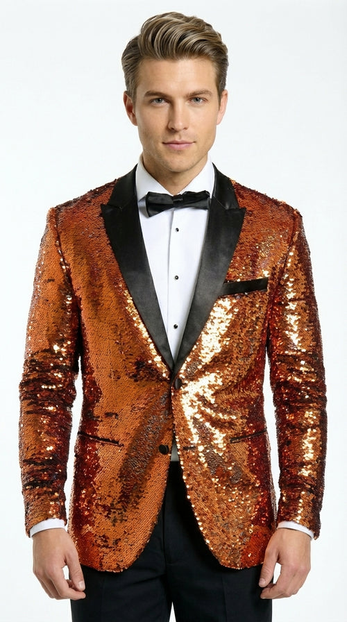 Mens Orange Sequin Blazer Tuxedo Dinner Jacket β Shiny Party Dinner Jacket with Black Lapel for Wedding, Prom, Stage Kingsman Jacket