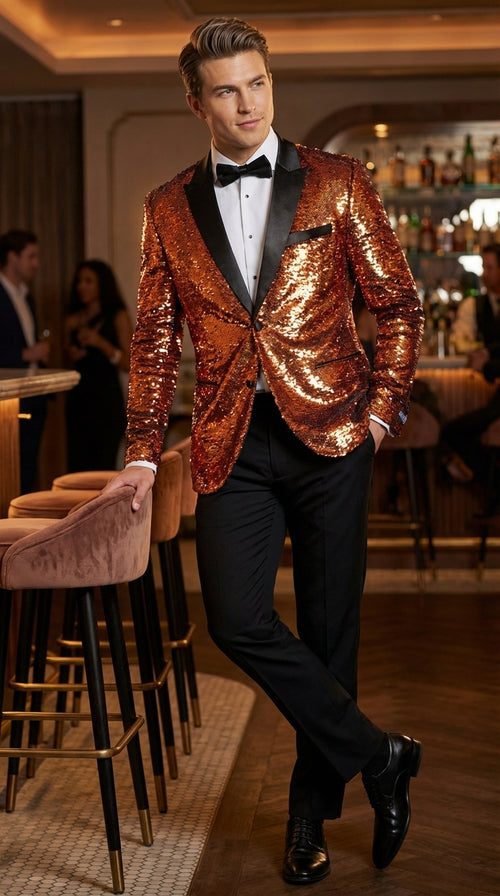 Mens Orange Sequin Blazer Tuxedo Dinner Jacket β Shiny Party Dinner Jacket with Black Lapel for Wedding, Prom, Stage Kingsman Jacket