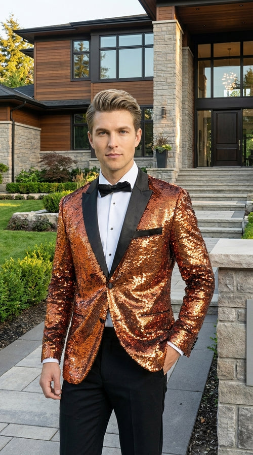 Mens Orange Sequin Blazer Tuxedo Dinner Jacket β Shiny Party Dinner Jacket with Black Lapel for Wedding, Prom, Stage Kingsman Jacket