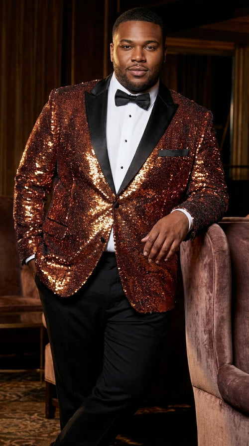 Mens Orange Sequin Blazer Tuxedo Dinner Jacket β Shiny Party Dinner Jacket with Black Lapel for Wedding, Prom, Stage Kingsman Jacket