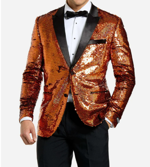 Mens Orange Sequin Blazer Tuxedo Dinner Jacket β Shiny Party Dinner Jacket with Black Lapel for Wedding, Prom, Stage Kingsman Jacket