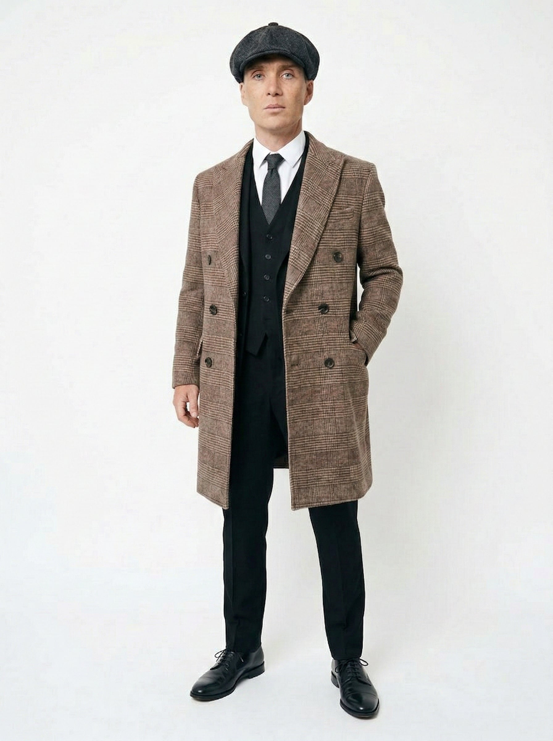 Mens Peaky Blinders Gray Plaid Double Breasted Overcoat + Suit Peaky Blinders Vintage Wool Blend Coat 1920's