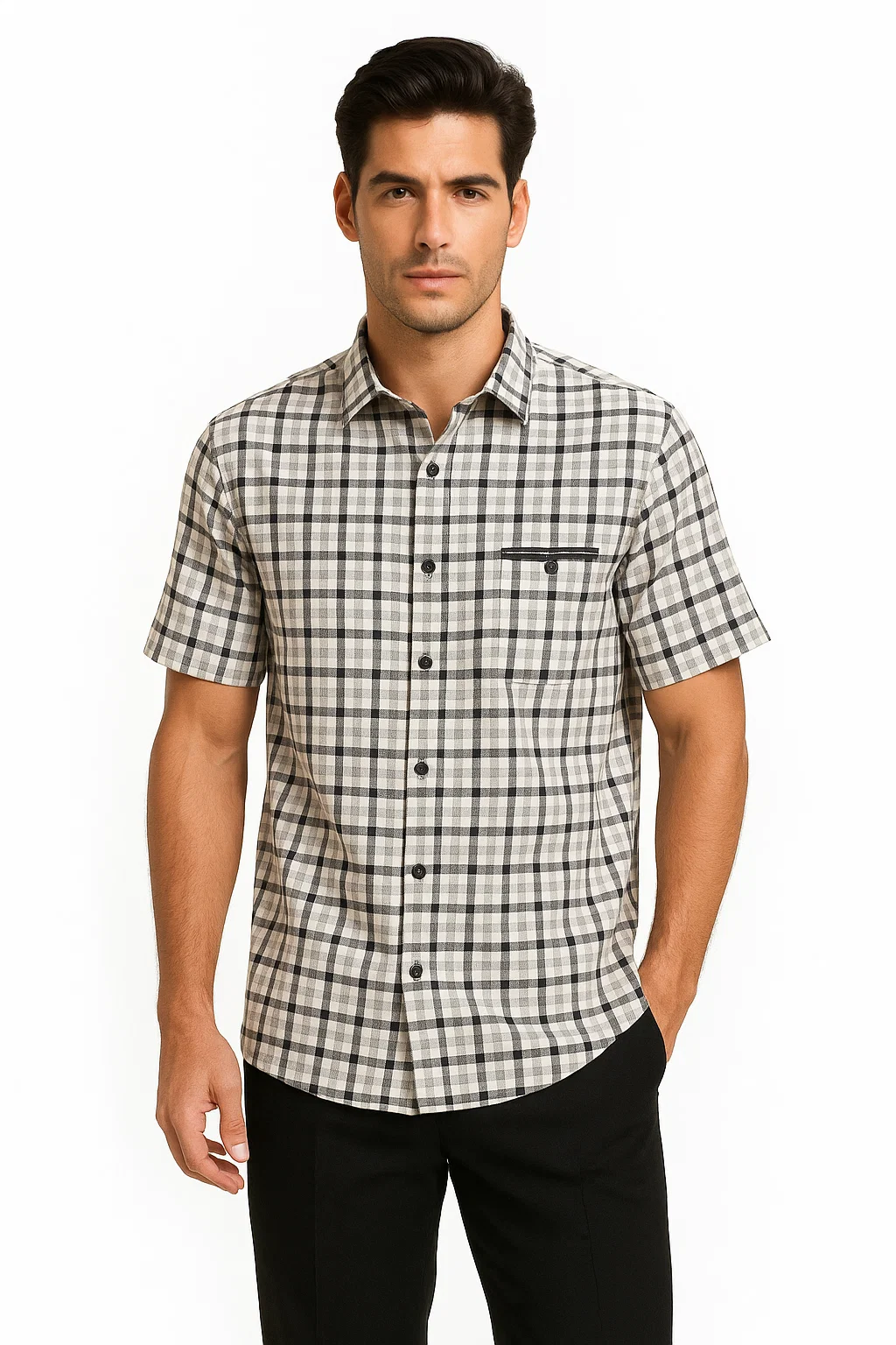 Mens Plaid Walking Suit in black by Dreams by Zacchi – 2 Piece Leisure Outfit with Matching Shirt and pant -$99