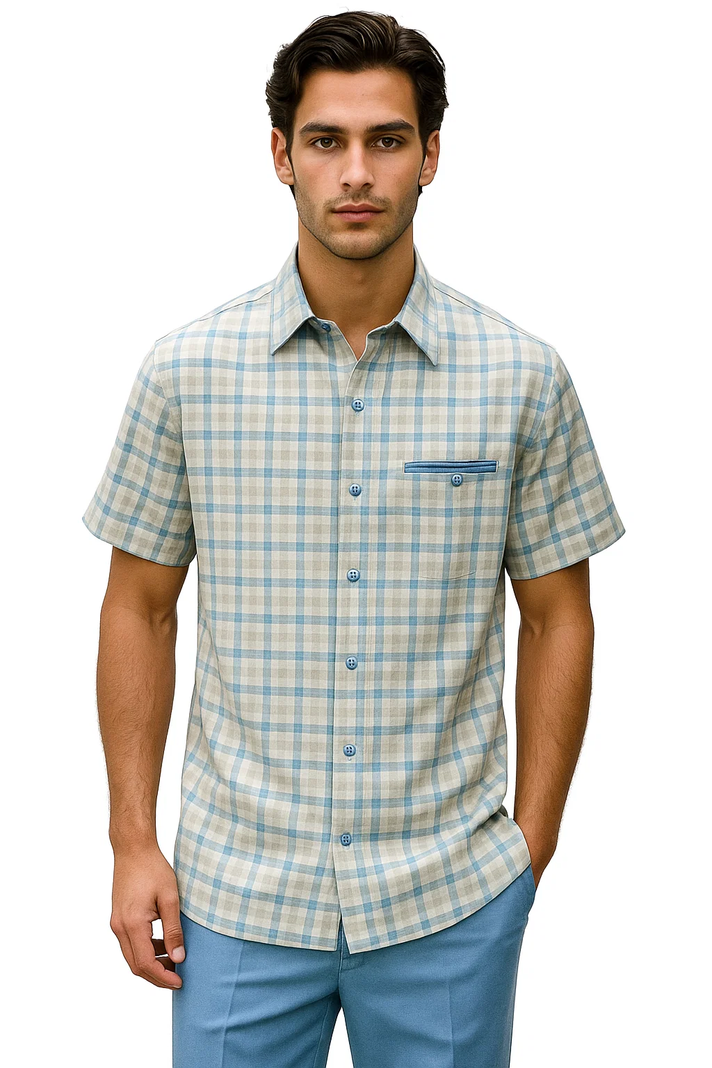 Mens Plaid Walking Suit in Powder Blue by Dreams by Zacchi – 2 Piece Leisure Outfit with Matching shirt and pant - $99