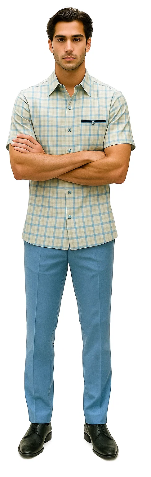 Mens Plaid Walking Suit in Powder Blue by Dreams by Zacchi – 2 Piece Leisure Outfit with Matching shirt and pant - $99