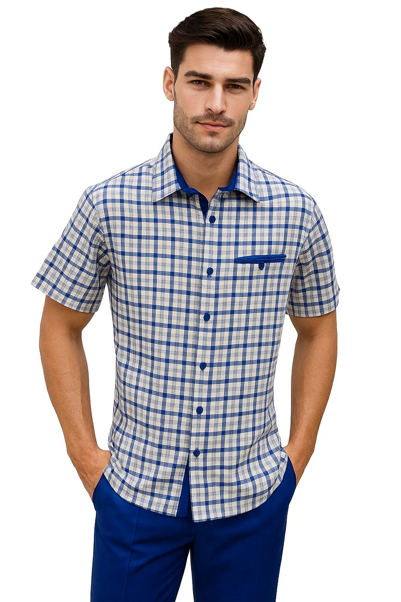 Mens Plaid Walking Suit in Royal by Dreams by Zacchi – 2 Piece Leisure Outfit with Matching Shirt and pant -$99