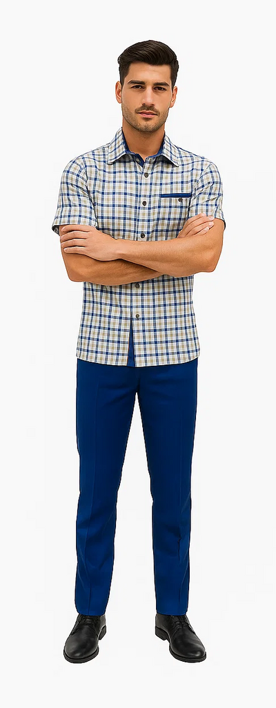 Mens Plaid Walking Suit in Royal by Dreams by Zacchi – 2 Piece Leisure Outfit with Matching Shirt and pant -$99