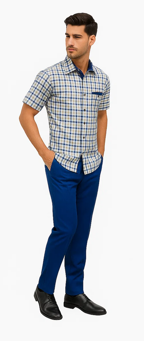 Mens Plaid Walking Suit in Royal by Dreams by Zacchi – 2 Piece Leisure Outfit with Matching Shirt and pant -$99